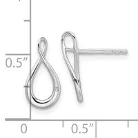 A pair of silver teardrop-shaped stud earrings with twisted details and small stones, shown with a ruler indicating they measure approximately 0.5 inches in height.