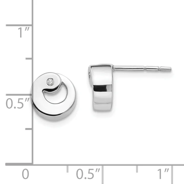 A pair of polished silver stud earrings with curved semicircular designs and small diamond accents, displayed next to a measurement scale showing approximately 0.5 inches in height.