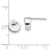 A pair of polished silver stud earrings with curved semicircular designs and small diamond accents, displayed next to a measurement scale showing approximately 0.5 inches in height.