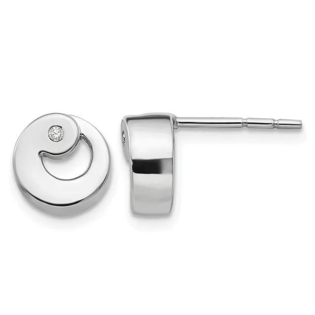 Pair of silver stud earrings with circular design featuring a curved cutout detail and small diamond accent, shown from front and side views.