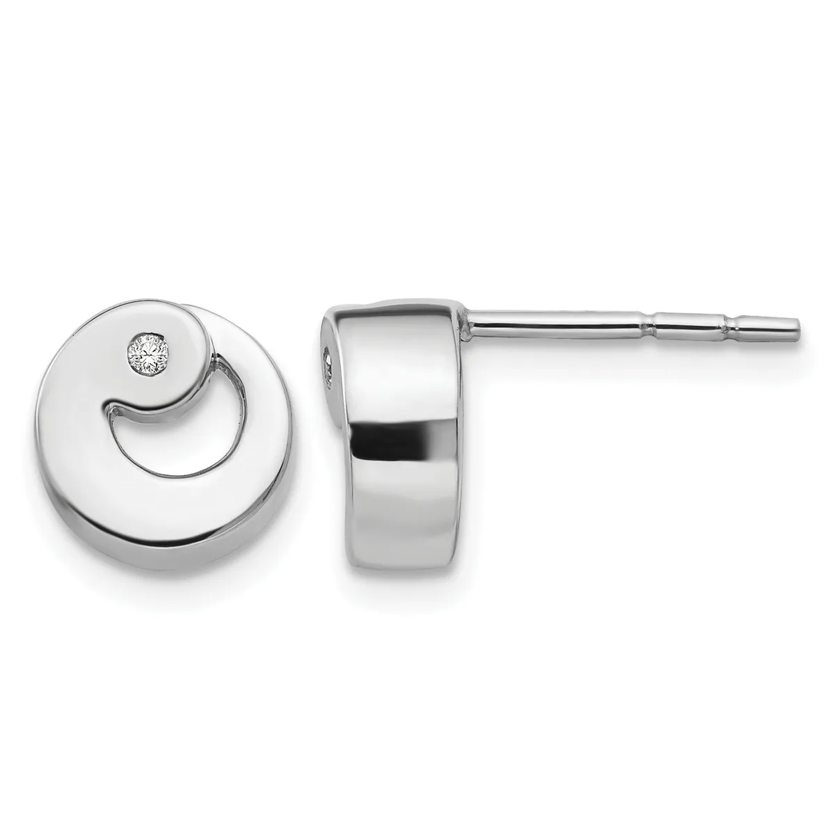 Pair of silver stud earrings with circular design featuring a curved cutout detail and small diamond accent, shown from front and side views.