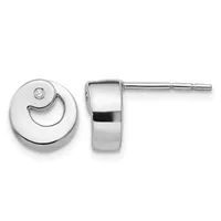 Pair of silver stud earrings with circular design featuring a curved cutout detail and small diamond accent, shown from front and side views.