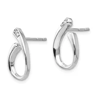 A pair of polished silver hoop earrings with diamond accents on the posts, shown from the front at an angle.