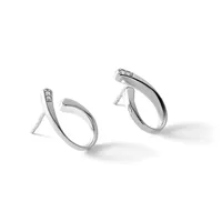 A pair of silver hoop earrings with small diamond accents on the posts, displayed on white stands against a light background.