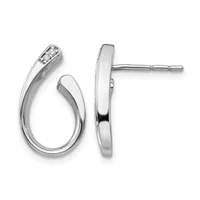 Pair of polished silver curved hoop earrings with diamond accents at the top, shown from front and side views.