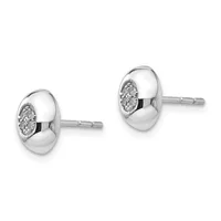 A pair of polished silver stud earrings with oval faces featuring small diamond accents, displayed against a white background.