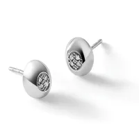A pair of polished silver oval stud earrings, each featuring a cluster of small diamonds set in the center, shown with posts and backs.