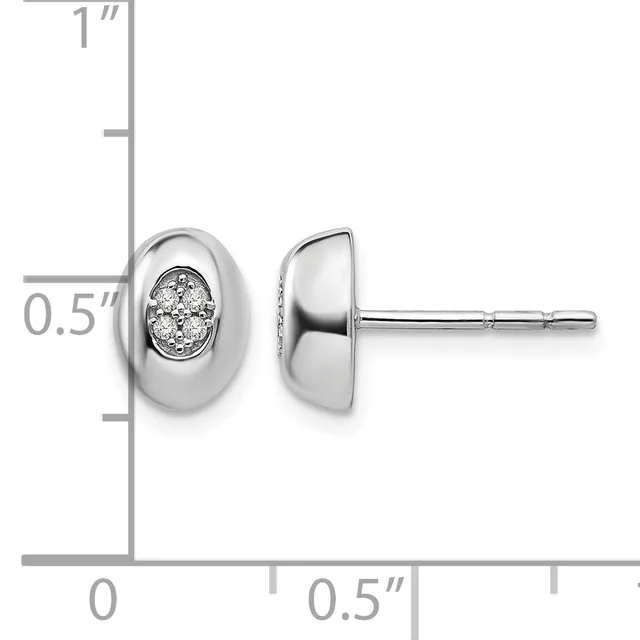 Pair of silver stud earrings with polished oval bezels containing round diamonds, shown front and side view with measurement scale indicating approximately 0.5 inches in height.