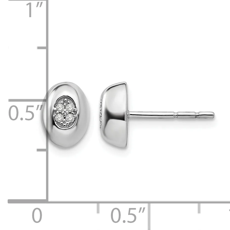 Pair of silver stud earrings with polished oval bezels containing round diamonds, shown front and side view with measurement scale indicating approximately 0.5 inches in height.