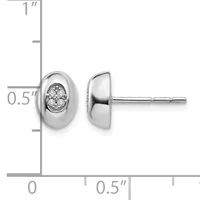 Pair of silver stud earrings with polished oval bezels containing round diamonds, shown front and side view with measurement scale indicating approximately 0.5 inches in height.