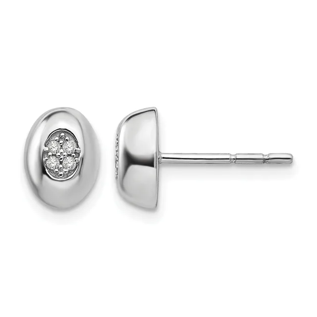 Pair of silver oval stud earrings with polished domed fronts, each featuring a small round diamond or crystal stone in the center, shown from front and side views on posts.