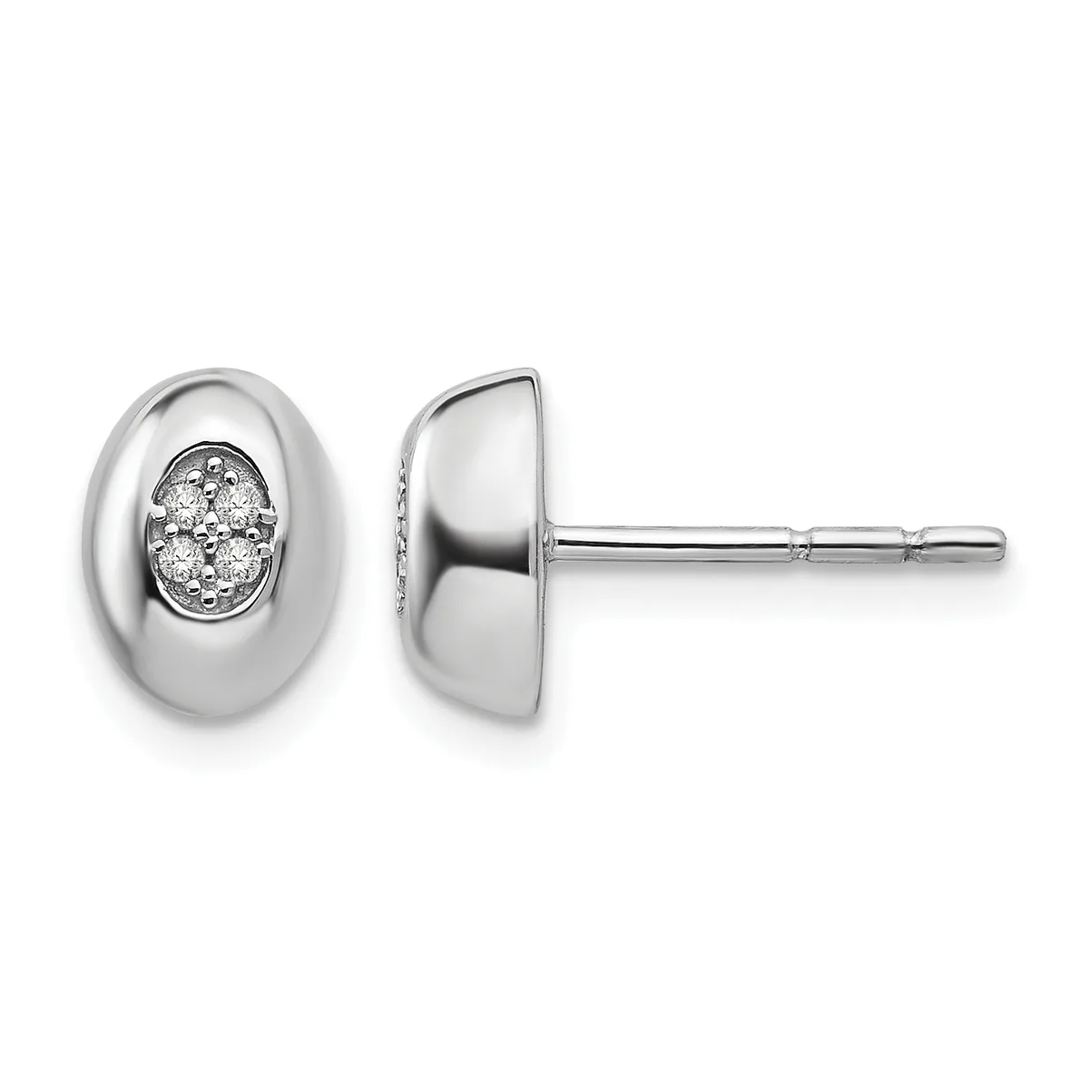 Pair of silver oval stud earrings with polished domed fronts, each featuring a small round diamond or crystal stone in the center, shown from front and side views on posts.