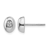 Pair of silver oval stud earrings with polished domed fronts, each featuring a small round diamond or crystal stone in the center, shown from front and side views on posts.