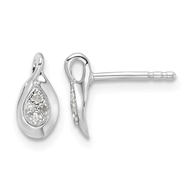 A pair of silver teardrop stud earrings with textured diamond-patterned centers, shown from front and side views.