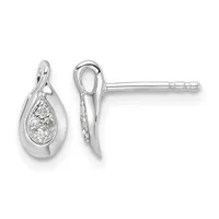 A pair of silver teardrop stud earrings with textured diamond-patterned centers, shown from front and side views.