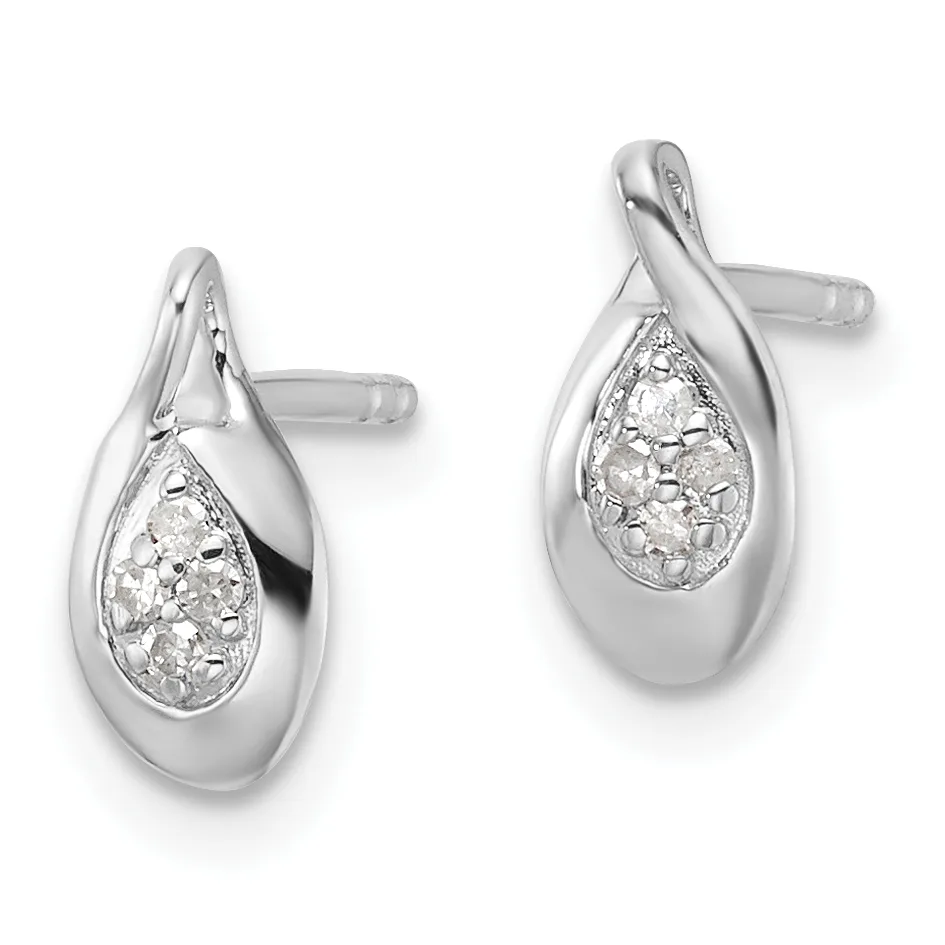 A pair of silver teardrop earrings with polished surfaces and diamond-set pear-shaped centers, displayed against a white background.