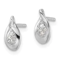 A pair of silver teardrop earrings with polished surfaces and diamond-set pear-shaped centers, displayed against a white background.