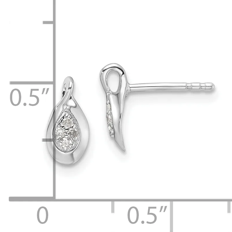 Pair of silver teardrop stud earrings with textured diamond-patterned centers, shown front and side view with a measurement scale indicating approximately 0.5 inches in length.