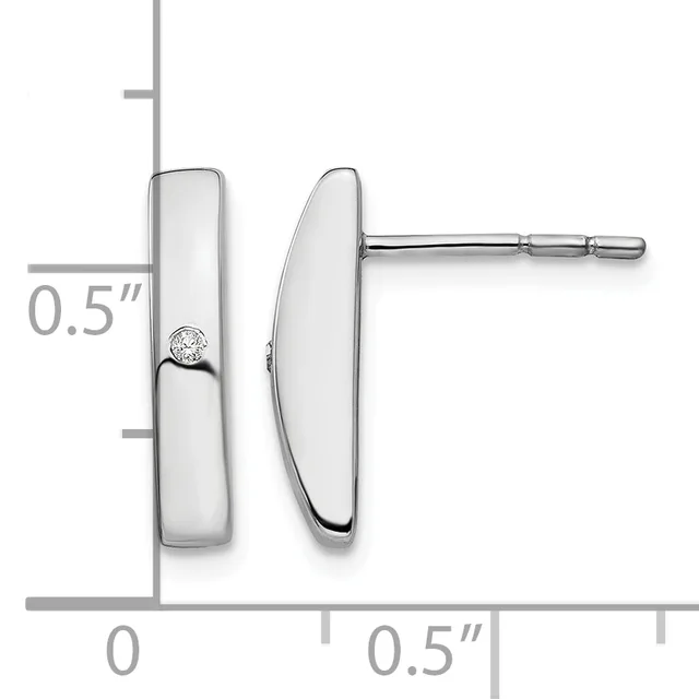 A pair of polished silver rectangular bar earrings with rounded edges, one featuring a small round diamond, displayed with a measurement scale showing approximately 0.5 inches in height.