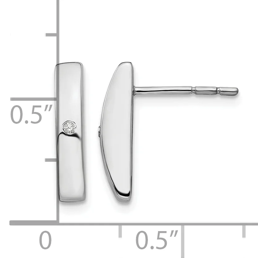A pair of polished silver rectangular bar earrings with rounded edges, one featuring a small round diamond, displayed with a measurement scale showing approximately 0.5 inches in height.