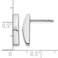 A pair of polished silver rectangular bar earrings with rounded edges, one featuring a small round diamond, displayed with a measurement scale showing approximately 0.5 inches in height.