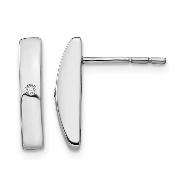 A pair of polished silver rectangular stud earrings with curved edges, each featuring a small round diamond, shown from front and side views.