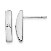 A pair of polished silver rectangular stud earrings with curved edges, each featuring a small round diamond, shown from front and side views.