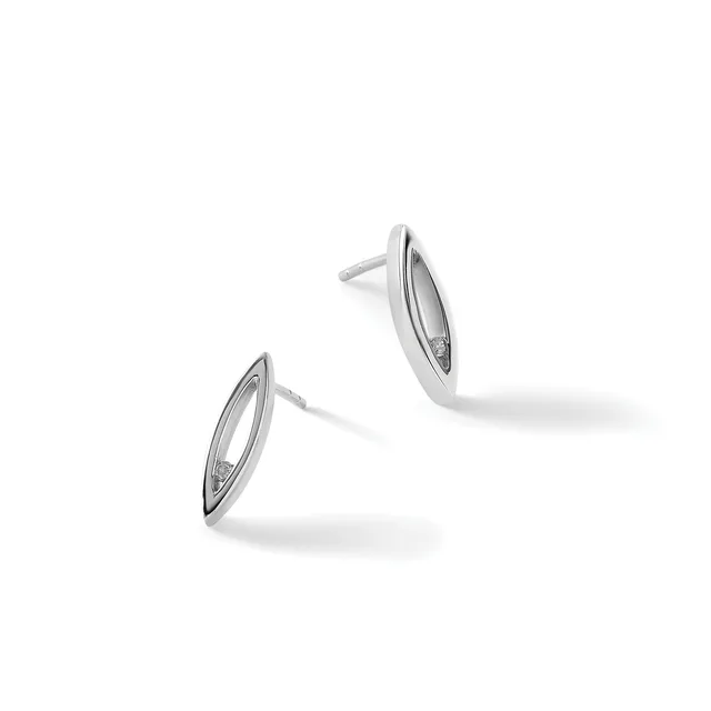 A pair of silver stud earrings with elongated oval shapes featuring polished centers and textured borders, displayed on a white background.