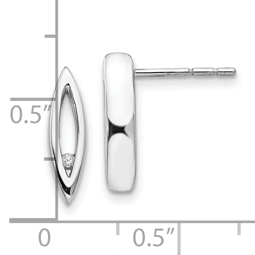 A pair of silver stud earrings with oval frames containing small diamonds, shown from front and side views with a measurement scale indicating approximately 0.5 inches in length.