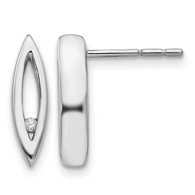 Sterling silver stud earrings with elongated oval frames containing small diamonds, shown from front and side views.