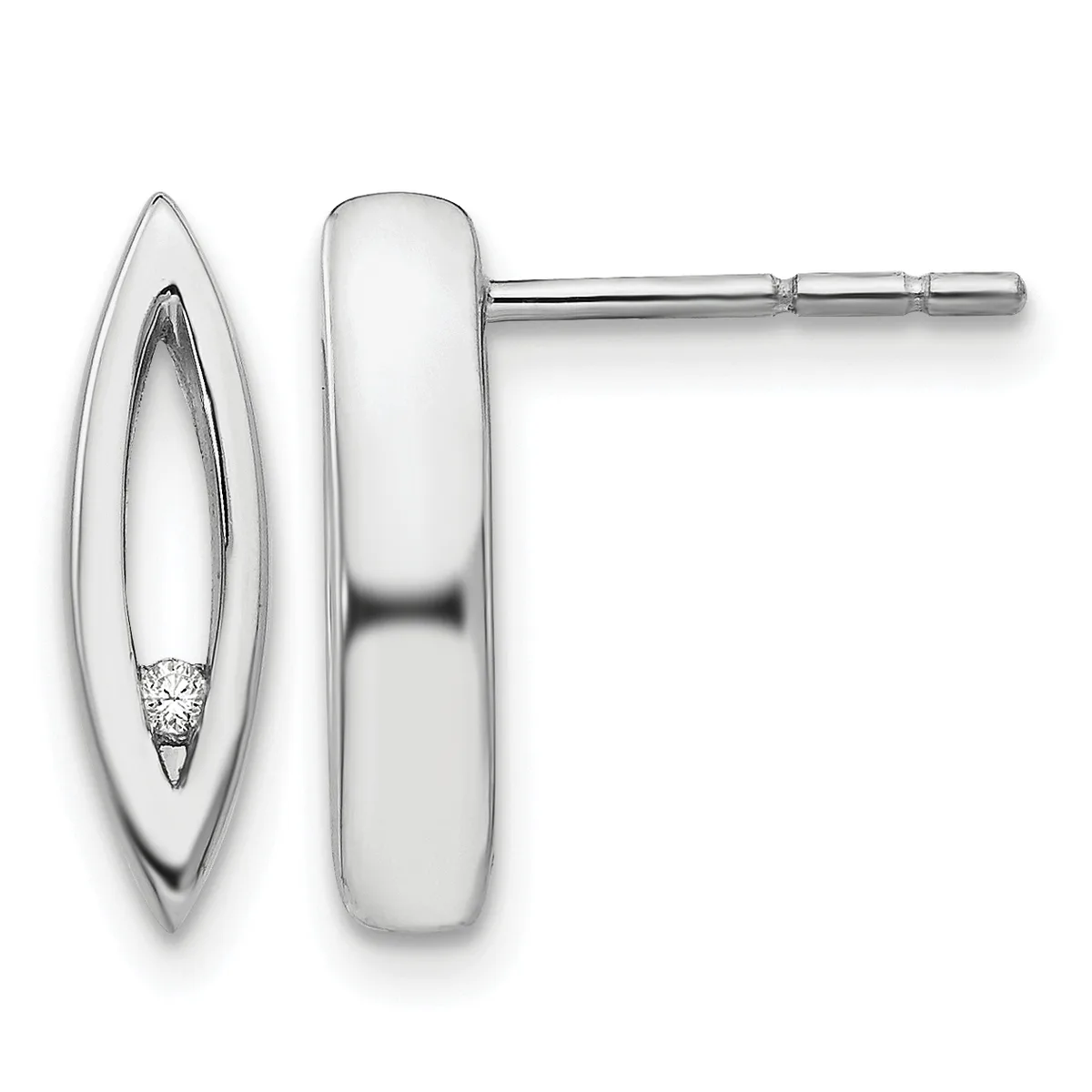 Sterling silver stud earrings with elongated oval frames containing small diamonds, shown from front and side views.
