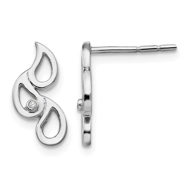 Pair of silver teardrop earrings with curved openwork design and a small diamond accent, shown from front and side views on posts.