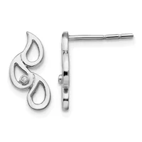 Pair of silver teardrop earrings with curved openwork design and a small diamond accent, shown from front and side views on posts.
