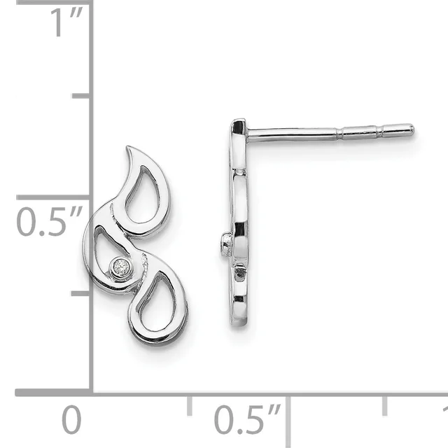 Pair of silver teardrop stud earrings with diamond accents, shown front and side view against a measurement scale indicating approximately one inch in length.