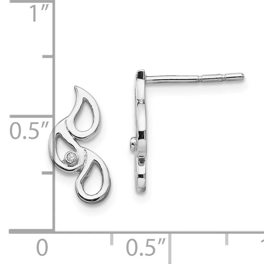 Pair of silver teardrop stud earrings with diamond accents, shown front and side view against a measurement scale indicating approximately one inch in length.