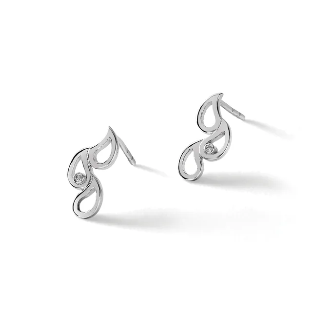Pair of silver teardrop-shaped earrings with small diamonds set in the curved center sections, shown against a white background.