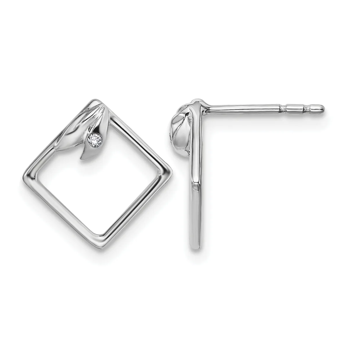 A pair of silver square stud earrings with a small diamond accent on each post, shown from front and side views.