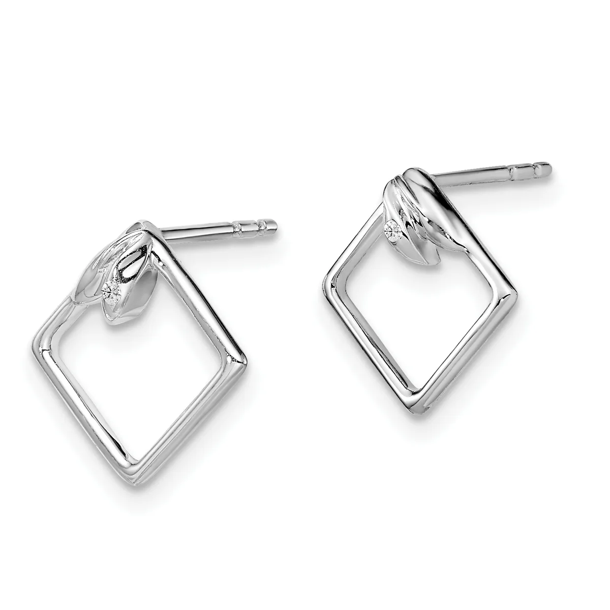 A pair of sterling silver square stud earrings with open centers and twisted metal details at the top, shown from the front.