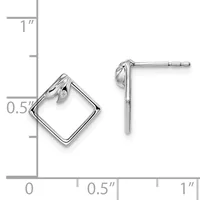 Pair of silver square stud earrings with twisted wire details and small round stones, displayed next to a measurement ruler showing approximately one inch in length.