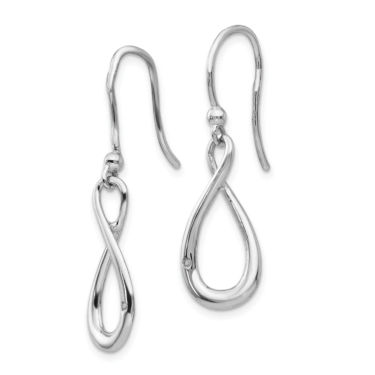 A pair of silver twisted teardrop earrings with fish hook ear wires, displayed against a white background.