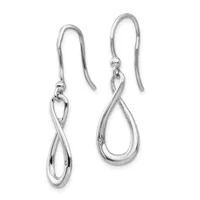 A pair of silver twisted teardrop earrings with fish hook ear wires, displayed against a white background.