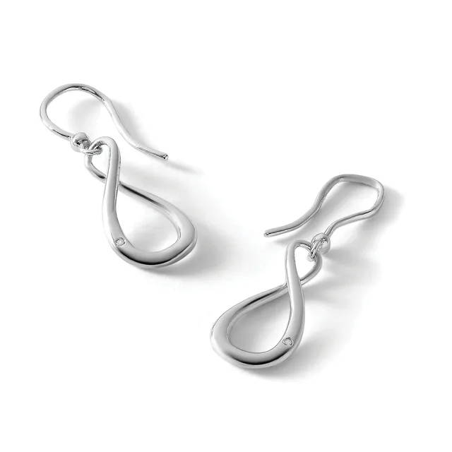 A pair of silver teardrop-shaped earrings with fish hook closures, displayed against a white background.