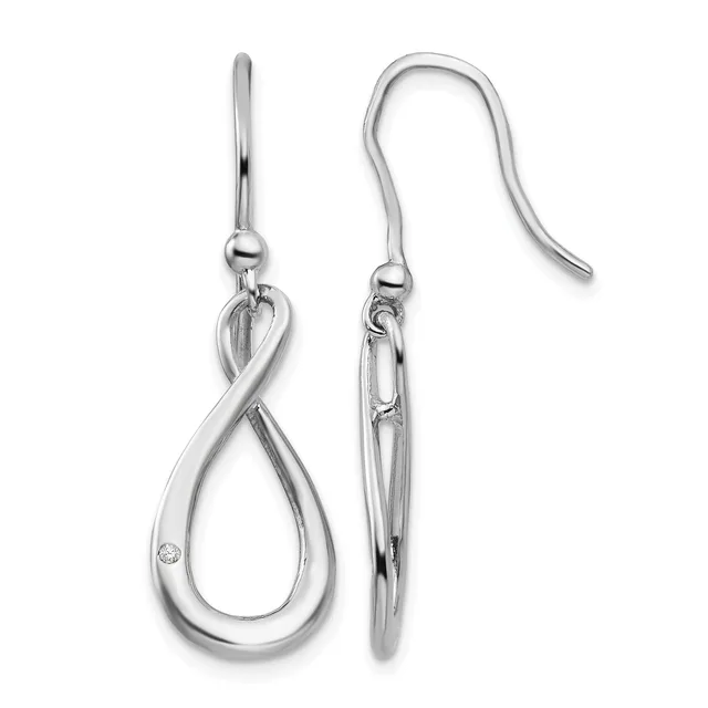Pair of silver teardrop earrings with fish hook wires, each featuring a twisted loop design with a small diamond accent on the front teardrop.