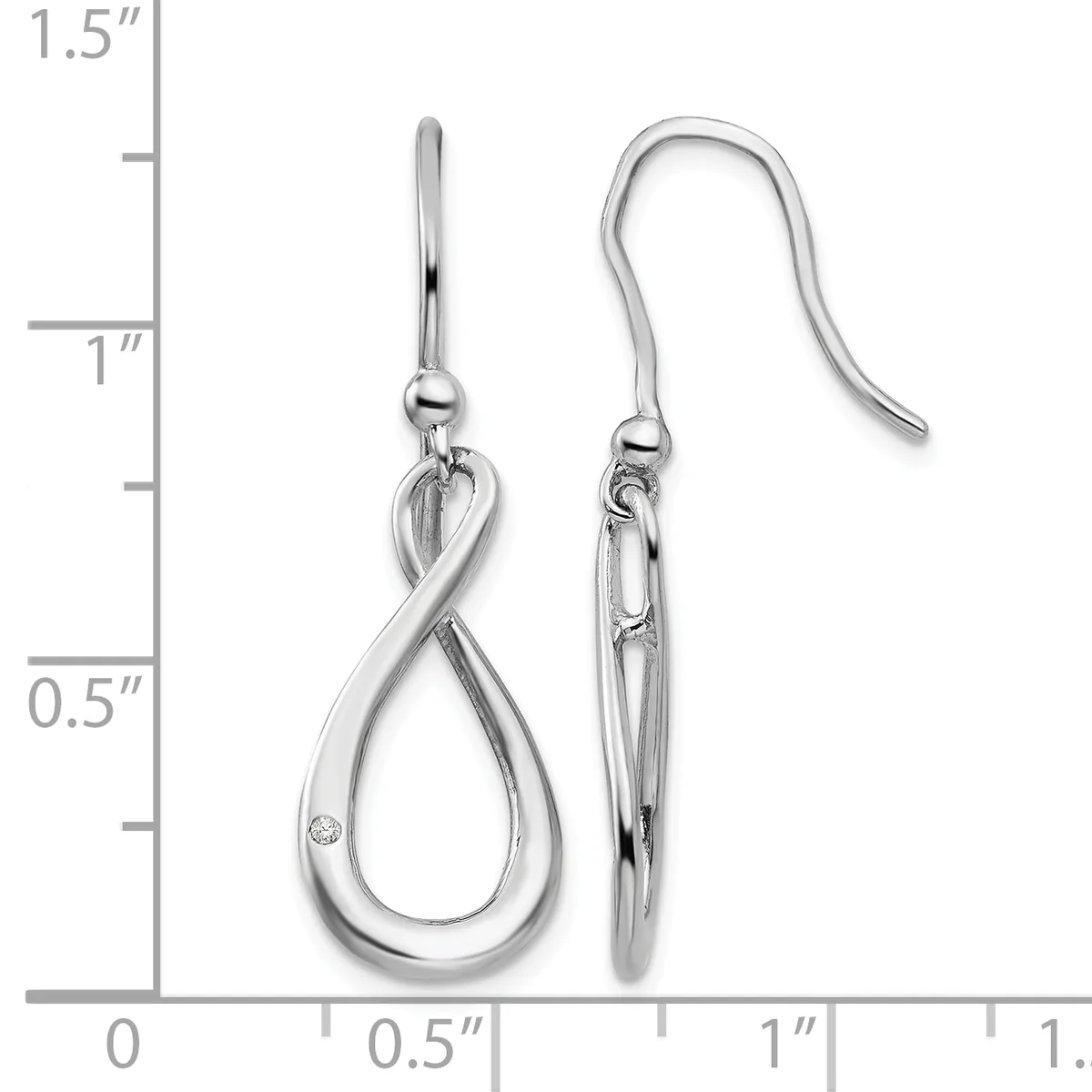 Silver teardrop dangle earrings with curved hooks, shown next to a ruler measuring approximately one inch in length.