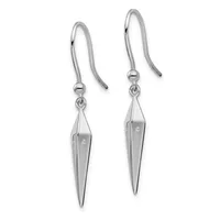 A pair of silver drop earrings with curved wire hooks suspending elongated spike-shaped pendants, each with a small diamond or gemstone accent.