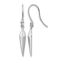 A pair of silver drop earrings with elongated pointed teardrop pendants set with small diamonds, suspended from curved ear wires.