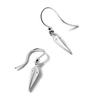 Pair of silver dangle earrings with elongated pointed spike pendants and small round stones, displayed on curved ear wires.