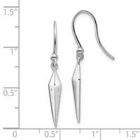 A pair of silver drop earrings with elongated teardrop pendants and fish hook wires, displayed against a measurement scale showing approximately one inch in length.