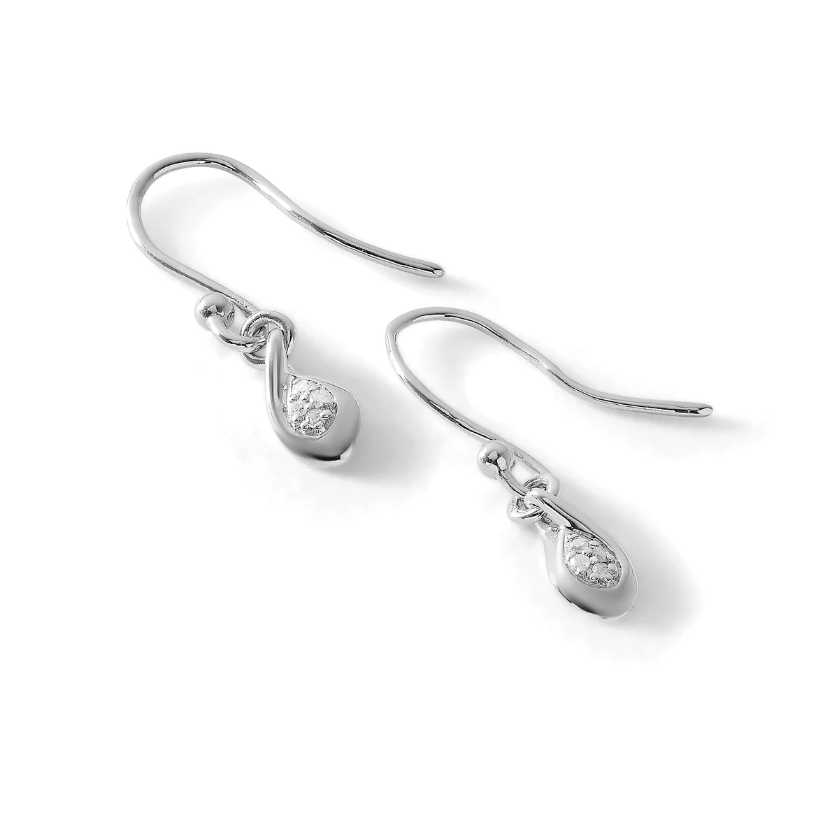 A pair of silver teardrop earrings with fish hook wires, each featuring a small round diamond or cubic zirconia stone set in a bezel.