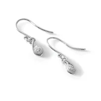 A pair of silver teardrop earrings with fish hook wires, each featuring a small round diamond or cubic zirconia stone set in a bezel.